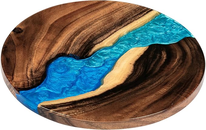 Handmade 16" Wood and Epoxy Resin Lazy Susan, Turntable for Kitchen Countertop, Rotating Display Stand, Round Wooden Platter, Organizer and Storage for Dining Table, Home Decor (River Blue)