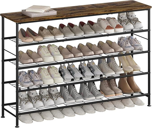 SUOERNUO Shoe Rack 5 Tier Shoe Storage Organizer Metal Mesh Shelves with MDF Top Board for Entryway, Hallway, Closet,Bedroom，Living Room (Black+Rustic Brown, Large 5 Tier)