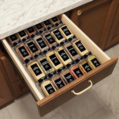 AISIPRIN 24 Pcs Glass Spice Jars with 398 Labels, 4oz Empty Square Spice Containers Seasoning Bottles - Shaker Lids, Funnel, Brush and Marker Included(Black Metal Caps)