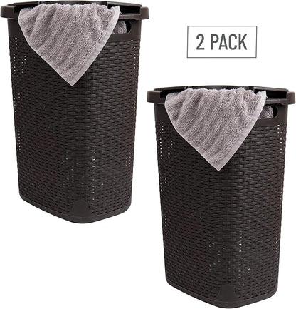 Mind Reader Slim Laundry Hamper with Lid, 60L Clothes Baskets, Premium Wicker Design, Plastic, 2-Pack, Brown