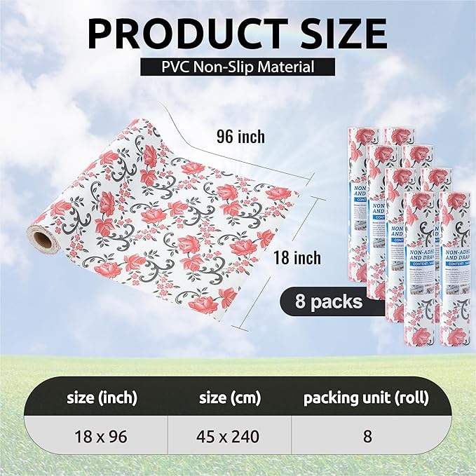 FIFTY FEET 18X96 Inch Shelf Liner for Kitchen Cabinets, PVC Drawer Liner for Dresser Non-Slip Bathroom, Non-Adhesive Cabinet Liner Washable (Red Floral)(8 Roll)
