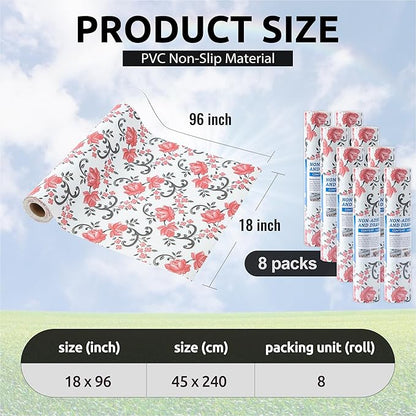 FIFTY FEET 18X96 Inch Shelf Liner for Kitchen Cabinets, PVC Drawer Liner for Dresser Non-Slip Bathroom, Non-Adhesive Cabinet Liner Washable (Red Floral)(8 Roll)