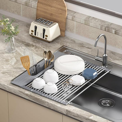 Roll Up Dish Drying Rack Over Sink, 17.5" x 15.2" Foldable SUS304 Stainless Steel Kitchen Dish Drainer, Heat-Resistant Multipurpose Rolling Sink Rack Organizer,Grey