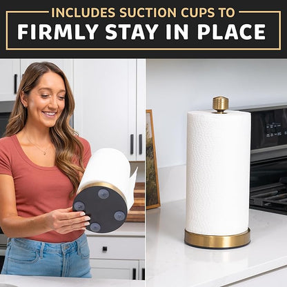 Dear Household Stainless Steel Paper Towel Holder Easy One-Handed Operation - This Sturdy Weighted Paper Towel Dispenser Countertop Model Has Suction Cups and Holds All Paper Towel Rolls - Gold