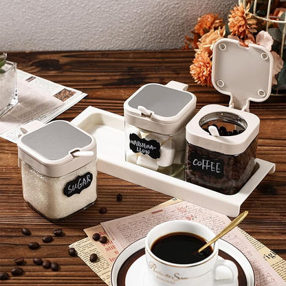 Suclain 3 Pcs Glass Coffee Containers Coffee Station Organizer Set, Airtight Bean Storage Jars with Shelf,labels,spoon, Base and Pen,for Sugar, Candy, Oats, Nuts (White)
