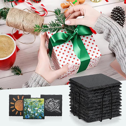 8 PCS Square Slate Drink Coasters Set, SIJDIEE 4 Inch Laser Engraving Black Slate Stone Coasters with Anti-Scratch Bottom and Coaster Holder for Office Bar Kitchen Home Dinner Table Decor Supplies