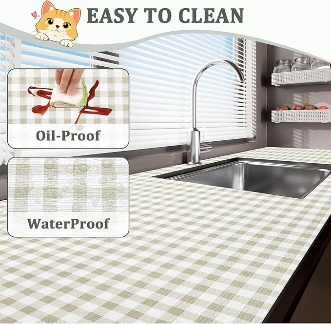 Shelf Liner for Kitchen Cabinets 24" x 240" Non-Adhesive Non-Slip Drawer Liners for Dresser, Waterproof Washable Paper, Durable Protector Mat for Pantry Shelves Cupboards, Green Plaid