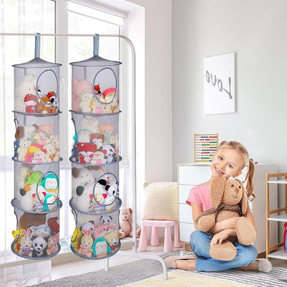 Basumee Stuffed Animals Net or Hammock 2 Pcs Stuffed Animals Storage Toy Net Hammock for Plushies Storage Organizer Mesh Kids Girls Room Decor, Gray, 4 Tiers