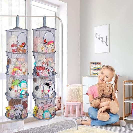 Basumee Stuffed Animals Net or Hammock 2 Pcs Stuffed Animals Storage Toy Net Hammock for Plushies Storage Organizer Mesh Kids Girls Room Decor, Gray, 4 Tiers