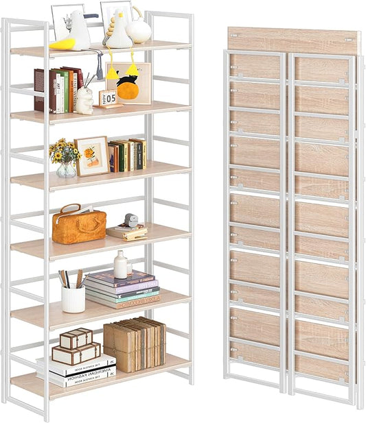 4NM No Assembly 6 Tiers Collapsible Book Shelves, 61.8" H Folding Bookshelf Bookcase Open Industrial Foldable Shelves for Bedroom, Living Room, Home Office - Natural White