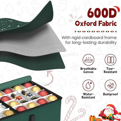 Sunvigor Christmas Ornament Storage Box with 8 Trays, Fits 128 Holiday Ornament Christmas Storage Container with Adjustable Dividers, Dual Zipper, 600D Oxford Christmas Decorations Storage(Deep Green)