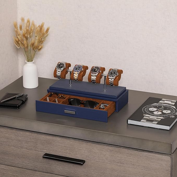 ROTHWELL Luxury Watch Display Case for 4 Watches – Leather Watch Box with Acrylic Cover and Removable Slide in Cushions – Accessory Drawer with Multiple Configurations (Blue/Tan)