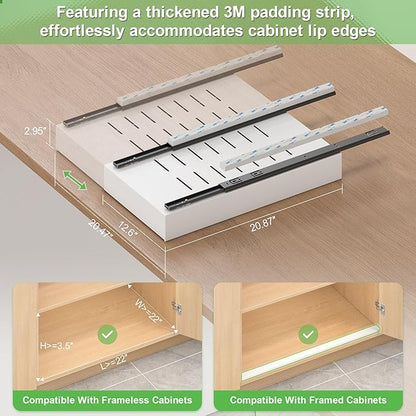 Expandable Pull-Out Cabinet Organizer - White, 21" D x Adjustable Width 12.6-20.47", No Drill Adhesive Installation with 3-Slide Rails for Kitchen Storage (2 Pack)
