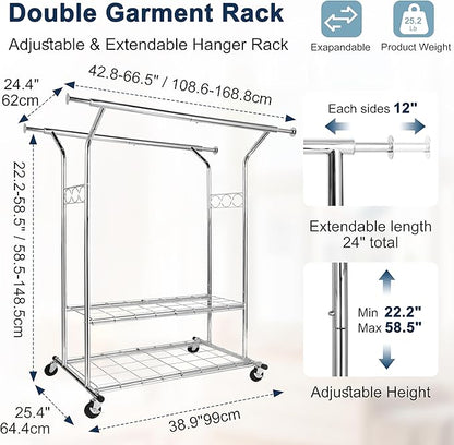 Whitmor Heavy Duty Adjustable Garment Rack-Rolling Clothes Organizer, Black and Chrome
