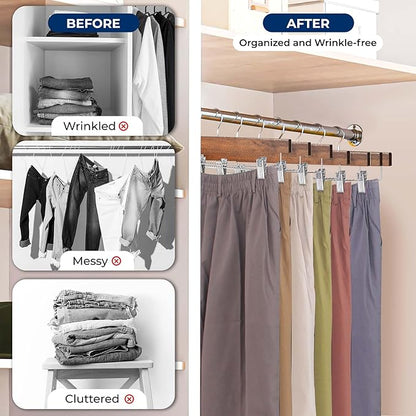 SereneLife 30 Pack Skirt and Pant Hanger with Adjustable Non-Slip Steel Clips, Premium Wooden, 360° Swivel Hook & 10 lb Capacity – Space-Saving Heavy-Duty Hangers for Jeans, Shorts & Slacks (Brown)