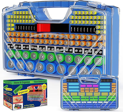 Battery Organizer Storage Holder Box Case with Tester, New Ultra-Large 285+Batteries Double-Sided Variety Pack, Holds AA AAA 4A C D 9V 3V Button Cell Lithium18650 CR2 CR123 CR1632 LR44 (Blue)