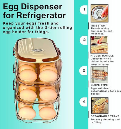 3-Tier Egg Dispenser for Refrigerator, Rolling Egg Organizer with Time Tracker, Stackable BPA-Free Egg Container Holds 42 Eggs, Fresh Egg Holder for Countertop Storage