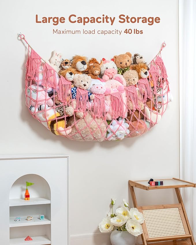 Stuffed Animal Storage Hammock or Net with Lights- Big Wall Hanging Stuff Animal Organizer Holder for Plush Plushie, Boho Macrame Toy Hammock for Girs Kids Bedrooms Playroom Nursery（Pink）