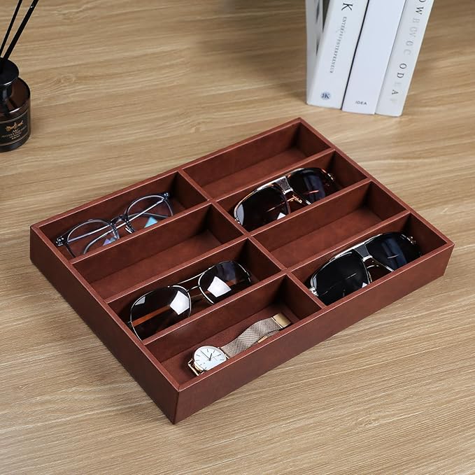 Cretkhp Sunglass Organizer Tray, PU Leather Sunglasses Organizer with 8 Grids for Drawer, Stackable Sunglass Holder Storage