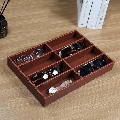 Cretkhp Sunglass Organizer Tray, PU Leather Sunglasses Organizer with 8 Grids for Drawer, Stackable Sunglass Holder Storage