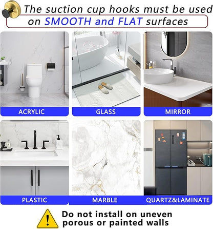 Suction Cup Hooks for Shower,Wreath Hanger for Front Door,Removable No Drill Towel Loofah Hooks,Upgraded 15 lbs Strong Suction for Bathroom,Wall,Glass,Stainless Waterproof- Black Gold 2 Pcs
