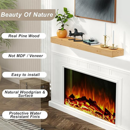 ROOMTEC Fireplace Mantel,48" Wood Floating Fireplace Shelves,Wall Mounted Wooden Display Shelving,Handcrafted Wood Brack,Natural Mantels Over Fireplace | 48" x 8" x 3"-Clear Varnished Natural Wood