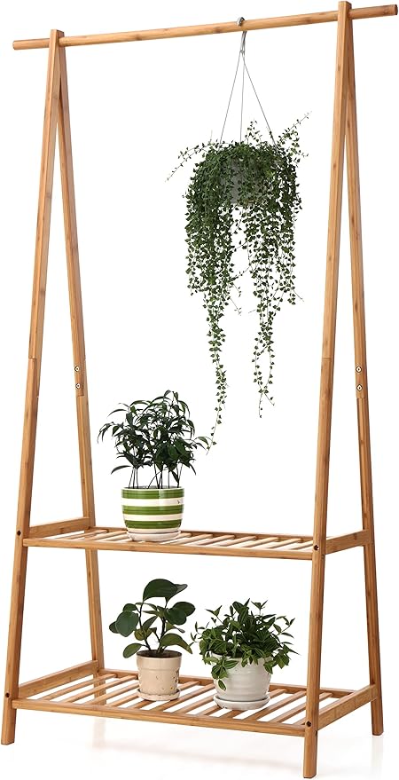 Finnhomy Bamboo Clothes Rack Portable Extra Large Garment Rack 2-Tire Storage Box Shelves For Entryway and Bed Room Patented Design