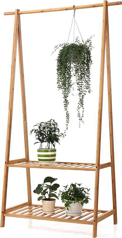 Finnhomy Bamboo Clothes Rack Portable Extra Large Garment Rack 2-Tire Storage Box Shelves For Entryway and Bed Room Patented Design