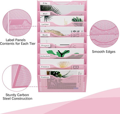 EasyPAG 8 Pocket Mesh Wall File Organizer, Hanging Paper Folder Holder with Classify Label, Vertical Wall Mount Mail Organizer for Office Home Classroom, Pink