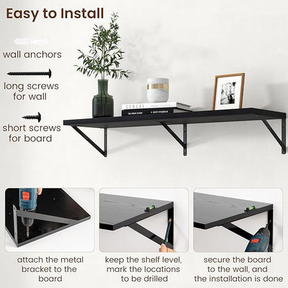 Axeman Deep Floating Shelves - 40 Inch Black Floating Shelves Set of 2-12 Inch Deep Wood Wall Shelves for Living Room Bathroom Kitchen