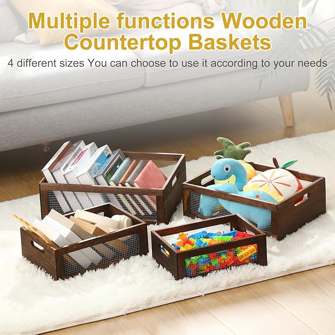 4 Pcs Wooden Nesting Countertop Baskets 4 Size Wooden Storage Box with Handle and Metal Wire Multipurpose Wood Organizer Crate for Fruit Vegetable Kitchen Cabinet Bathroom (Dark Brown,Big)