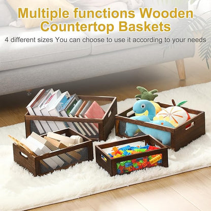 4 Pcs Wooden Nesting Countertop Baskets 4 Size Wooden Storage Box with Handle and Metal Wire Multipurpose Wood Organizer Crate for Fruit Vegetable Kitchen Cabinet Bathroom (Dark Brown,Big)