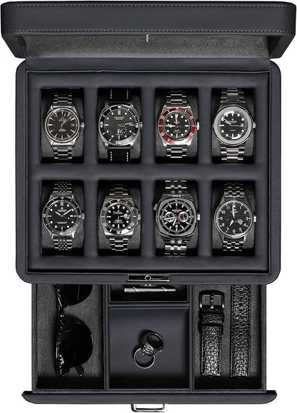 ROTHWELL 8 Slot Leather Watch Box with Valet Drawer - Luxury Case Display Jewelry Organizer, Locking Display Case Holder with Real Glass Top - Watch Box Organizer for Men & Women (Carbon)