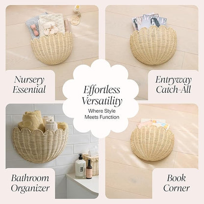 BEBE BASK Scalloped Wicker Wall Basket - The Original - Hand Woven Basket - Scalloped Décor Wall Hanging Baskets -16" x 10" x 7"In - Hanging Wall Basket (Natural)