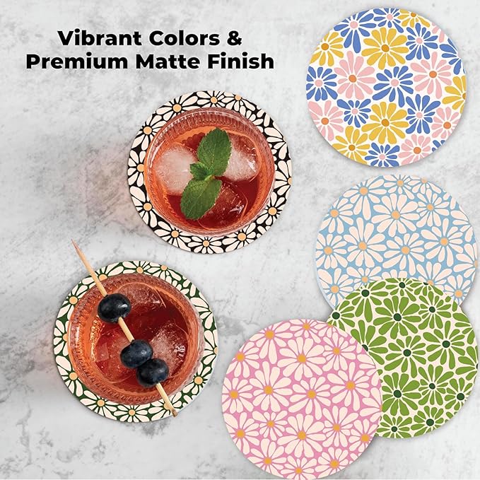 SHIYUE 6 Pack Flower Coasters with Holder, Absorbent Ceramic Coasters, Drinks Coffee Table Home Decor Housewarming Gift, 4 Inches(Colorful)