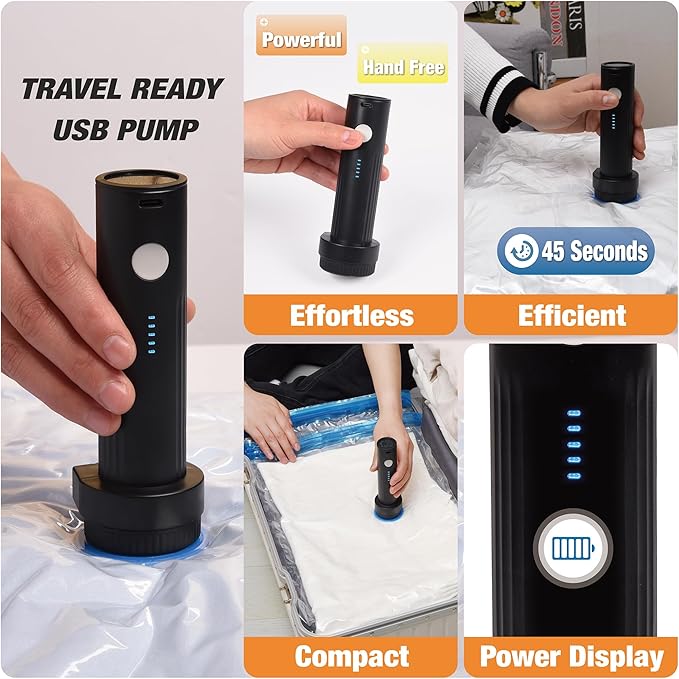 12 Pack Travel Vacuum Storage Bags with Rechargeable Wireless Electric Pump, Travel Packing Bags for Luggage and Suitcase, Carry-on Size Compression Space Saver for Clothes and Clothing