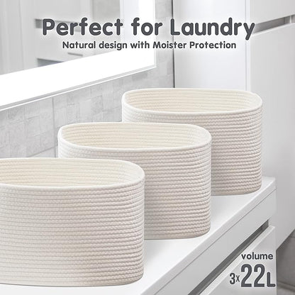 CHAT BLANC Cotton Rope Baskets for Organizing | Storage Baskets for Shelves | Rope Basket for Storage, Small Laundry Baskets, Woven Baskets for Storage, Dog Toy Bin, Baby Basket, Creamy White 3 Pack