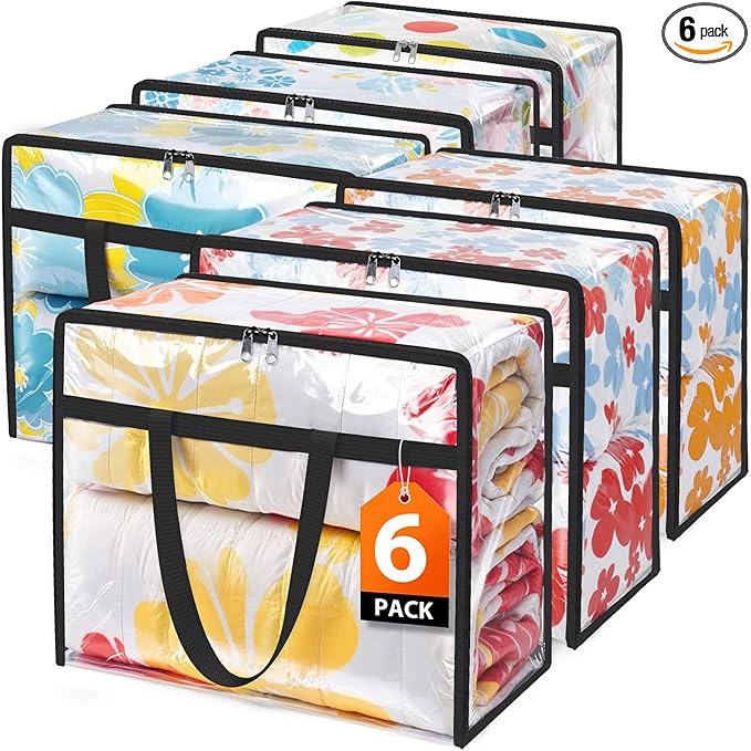 SpaceTrove Clear Clothes Storage Bags, 6 Pack Closet Organizers and Under Bed Storage Containers, Foldable Moving Bags with Zippers for Comforter, Blanket, Bedding, Duvet, PVC Packing Bags 60L
