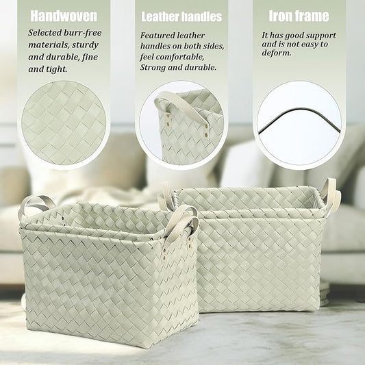 BROWNLILY Handwoven Clothes Basket Laundry Hampers Large Wicker Storage Baskets for Shelves Blankets Closet Storage Bins Car Bedroom Bathroom Organizers and Storage Bath (Pack of 4, Green)