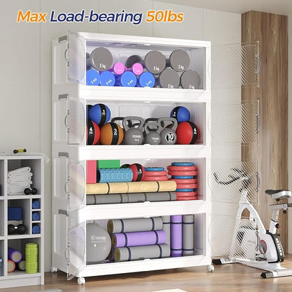 640QT Extra Large Stackable Storage Bins with Lid, 160Gal Plastic Closet Organizers and Storage Drawer, Collapsible Cabinet Box with Wheels Clear Doors for Home Kitchen Office, 4Pack White