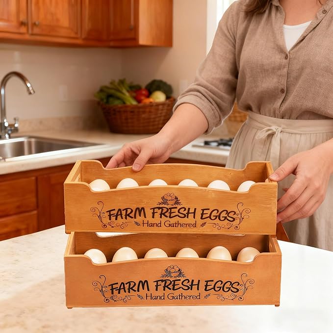 Wooden Farm Fresh Egg Holder Set of 2, Stackable Egg Trays with 12 Slots (24 Total), Brown Countertop Organizer for Fresh Eggs, 2-Tier Kitchen Counter Storage Eggs Crate