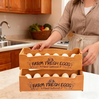 Wooden Farm Fresh Egg Holder Set of 2, Stackable Egg Trays with 12 Slots (24 Total), Brown Countertop Organizer for Fresh Eggs, 2-Tier Kitchen Counter Storage Eggs Crate