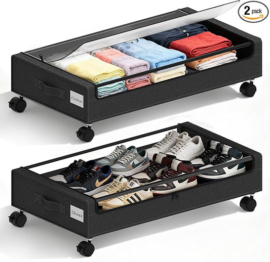VXEAPADE Under Bed Storage with Wheels - 2Pack Underbed Storage Containers with Clear Lid & Label, Under The Bed Rolling Storage Bins for Shoes, Clothes, Blankets, Books (Black, Large)
