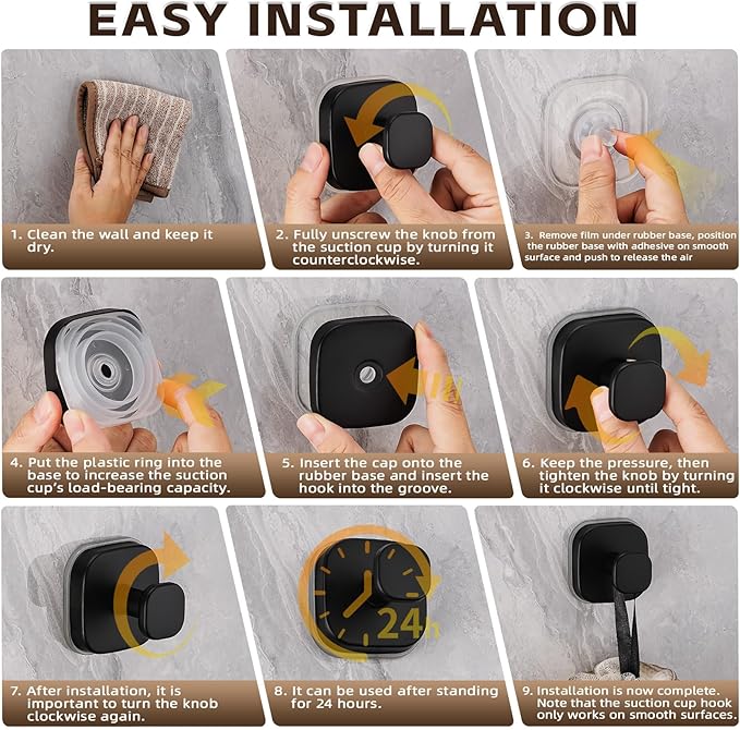 Supopular Heavy Duty Reusable Suction Cup Hooks for Kitchen/Bathroom/Shower - Wet-Proof Hooks for Towels, Robes, Loofah&Wreaths/No Drill Mounting on Glass, Tile, Metal (2, Matte Black)