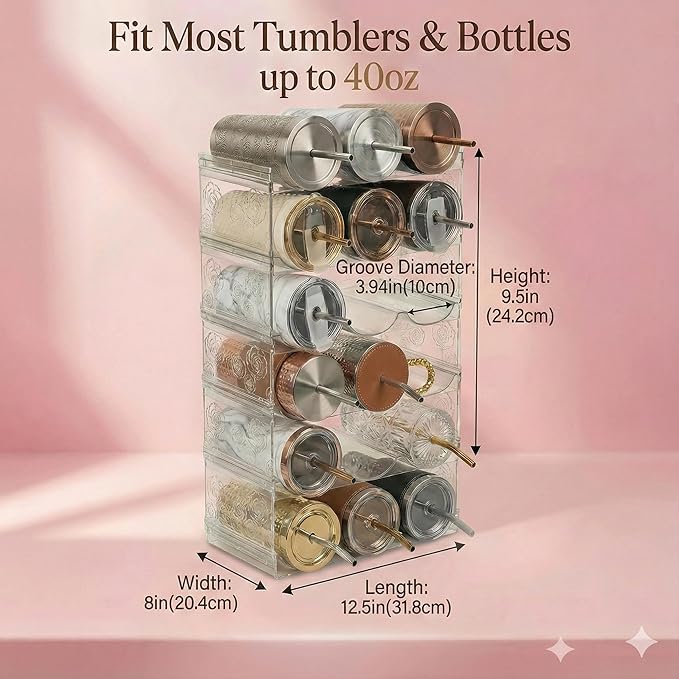 Stackable Water Bottle Organizer for Cabinet, Plastic Bottle Holder Designed for Starbucks Studded Tumblers up to 40oz, Plastic Cup Holder&Wine Rack for Pantry,Cupboard- 6 Layers Hold 18 Bottles