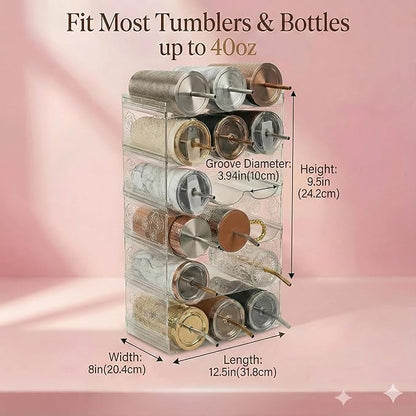 Stackable Water Bottle Organizer for Cabinet, Plastic Bottle Holder Designed for Starbucks Studded Tumblers up to 40oz, Plastic Cup Holder&Wine Rack for Pantry,Cupboard- 6 Layers Hold 18 Bottles