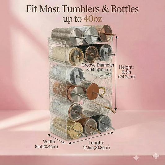 Stackable Water Bottle Organizer for Cabinet, Plastic Bottle Holder Designed for Starbucks Studded Tumblers up to 40oz, Plastic Cup Holder&Wine Rack for Pantry,Cupboard- 6 Layers Hold 18 Bottles