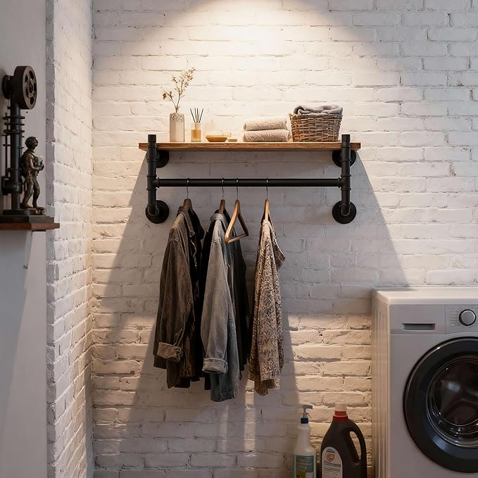 WEBI Wall Mounted Clothes Rack with Shelf,30" Industrial Pipe Clothing Rack with Shelf with Hanging Rod,Heavy Duty Iron Garment Rack Bar,Retail Display Clothes Rod for Laundry Room,Closet,Black