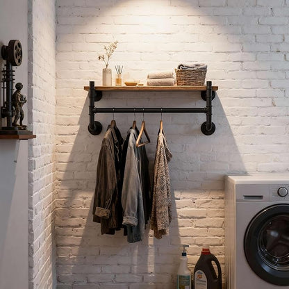 WEBI Wall Mounted Clothes Rack with Shelf,30" Industrial Pipe Clothing Rack with Shelf with Hanging Rod,Heavy Duty Iron Garment Rack Bar,Retail Display Clothes Rod for Laundry Room,Closet,Black