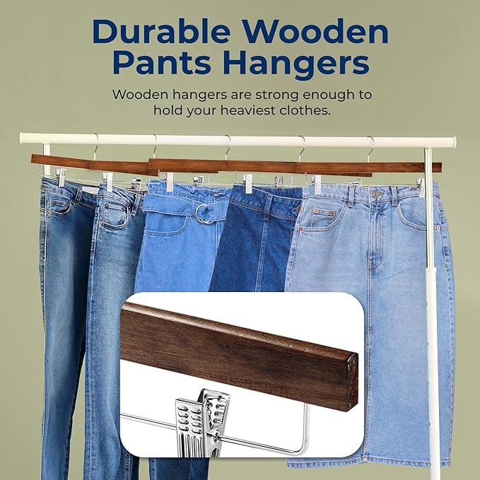 SereneLife 30 Pack Skirt and Pant Hanger with Adjustable Non-Slip Steel Clips, Premium Wooden, 360° Swivel Hook & 10 lb Capacity – Space-Saving Heavy-Duty Hangers for Jeans, Shorts & Slacks (Brown)